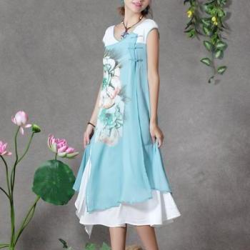 Women Flower short sleeve long dress